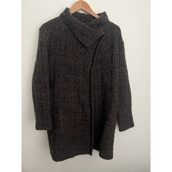Eileen Fisher Wool Alpaca Blend Boucle Sweater Coat Size Large Brown 3/4 Length - Picture 1 of 8